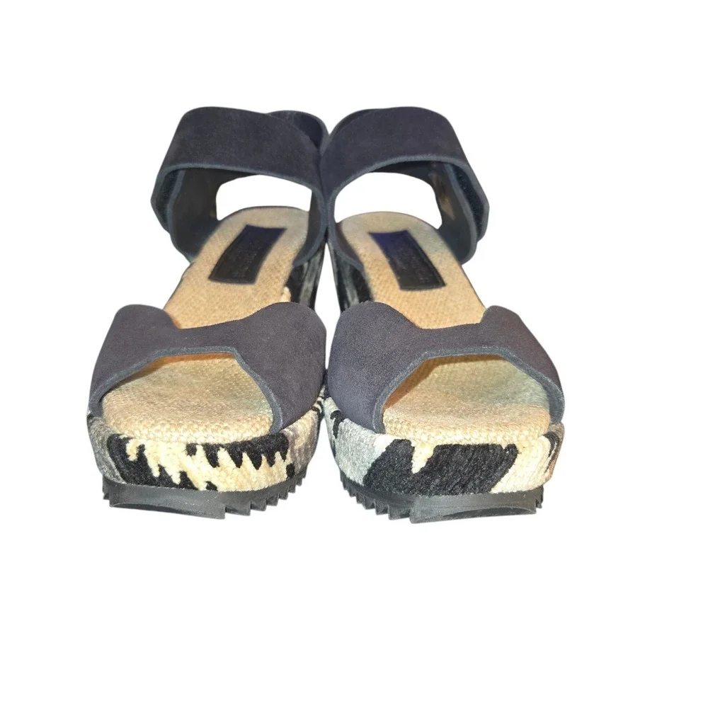 Pedro Garcia Wedge Sandals Womens 36 Black & Tan Tapestry & Suede Platform Spain